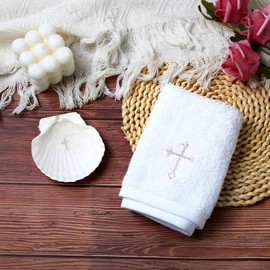 Baptism Towel with Baptism Shell Set - Baptism Towel for Boys and Girls, White Christening Cloth with Embroidery Cross, 100% Cotton Baptismal Cloth Baptismal Gifts for Infants Toddlers Kids (SILVER)
