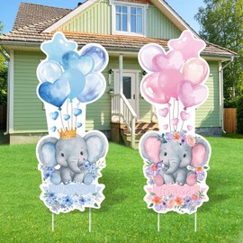 2 Sets Baby Shower Plastic Yard Sign with Stakes Gender Reveal Outdoor Decorations Blue Pink Boy or Girl Yard Sign He and She Elephant Lawn Sign Newborn Welcome Sign for Gender Reveal Party Supplies