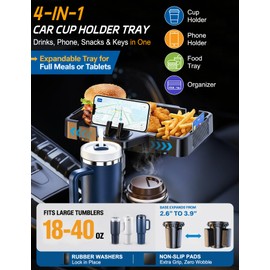 Car Cup Holder Tray, 10 Inch 4-in-1 Cup Holder Tray, 360° Rotating Drink Holder Expander with Detachable Food Tray & Phone Holder, Road Trip Essentials