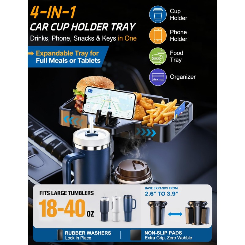 Car Cup Holder Tray, 10 Inch 4-in-1 Cup Holder Tray,