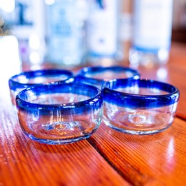 PINYAS Mezcal Cups | Hand-Blown Glass, Artisan Crafted | Blue Rim Sipping Copitas | Perfect for Mezcal or Tequila | 2 oz. | Set of 4