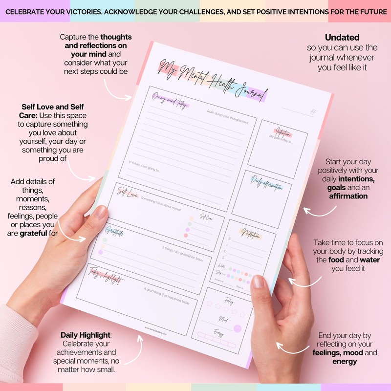 Mental Health Journal Planner | Daily Gratitude, Self Care, Intentions,