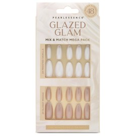 Pearlessence 48pc Glazed Glam Med Oval Press On Nails Mega Pack | Frosted Vanilla & Glossy Mocha | Medium Almond Shape