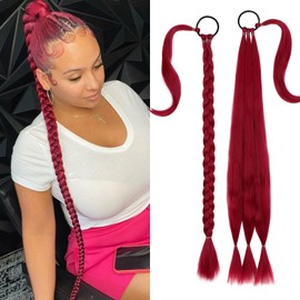 Cephermer Braided Ponytail Extension 26'' 30'' DIY Long Braid Hair Extensions Ponytail with Elastic Tie Straight Wrap Around Natural Soft Synthetic Hairpiece for Women Wine Red
