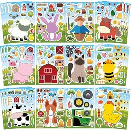 Farm Animal Stickers 24 Pack - Make a Face Sticker Sheets for Kids (9"x6" Reusable) | Farm Animals Party Favors, Classroom Rewards, Crafts & Goodie Bags Stuffers