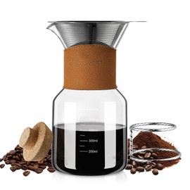 Pour Over Coffee Maker with Double-Layer Stainless Steel Filter, 20 oz Pour Over Coffee Dripper, Glass Carafe with Vintage Leather Collar and Cork Lid & Filter Stand for Espresso