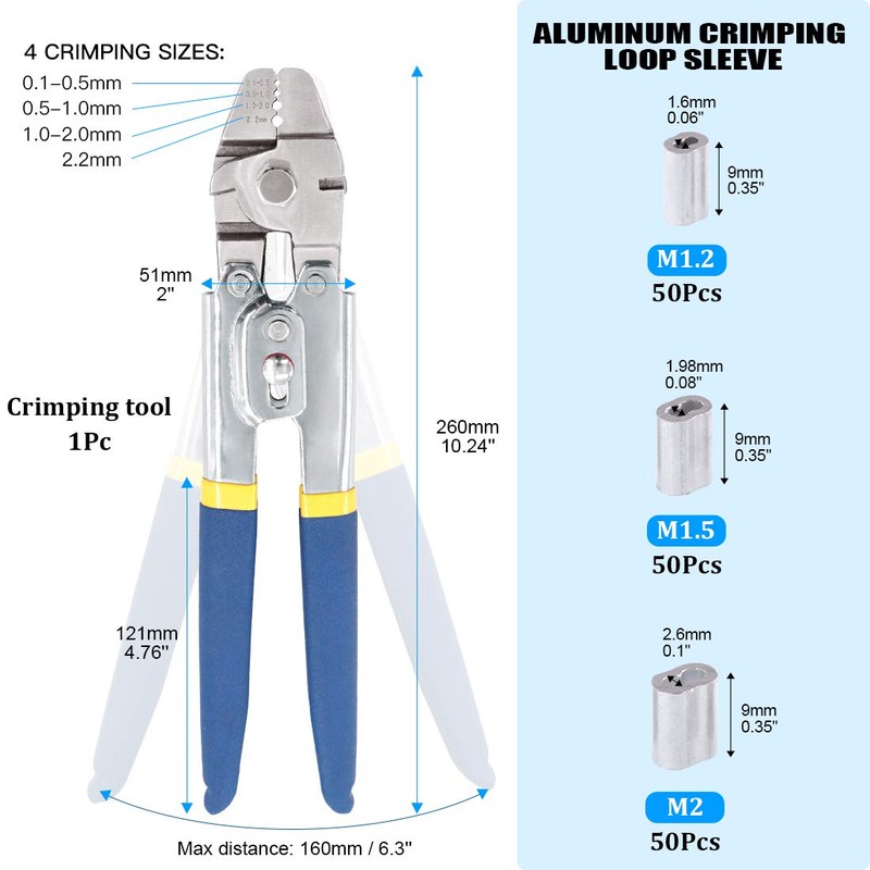 Glarks Up To 2.2mm Wire Rope Crimping Tool With 150Pcs