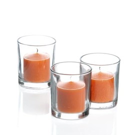 Set of 12 Orange Citrus Scented Richland Votive Candles and 12 Clear Glass Eastland Votive Holders