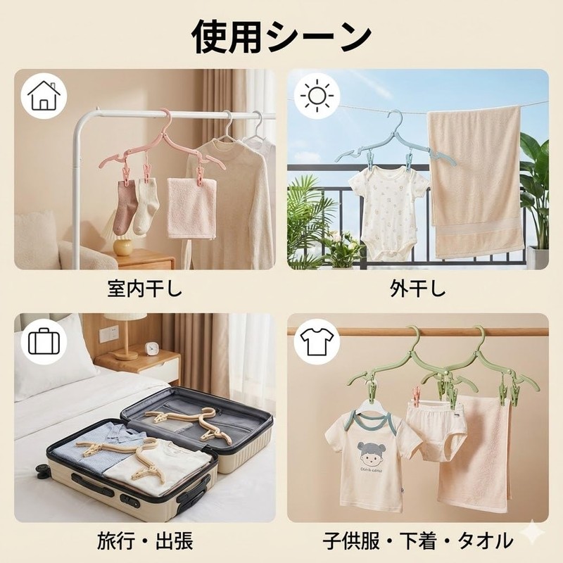 折りたたみ洗濯ハンガー 8個セット 各色2個ずつ 北欧カラー クリップ付き コンパクト 省スペース