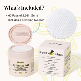 LivaClean 60 CT 20% Glycolic Acid Peel Pads with Aloe Vera - Reforging Toner Pads for the Face Exfoliating Wipes for Fine Lines Wrinkles Large Pores Textured Skin with Tweezers / 리바클린 60 CT 20% 글리콜산 필 패드와 알로에 베라 - 얼굴용 리포싱 토너 패드 잔주름 주름 큰 모공 텍스처 피부를 위한 각질 제거 물티슈 트위저 포함