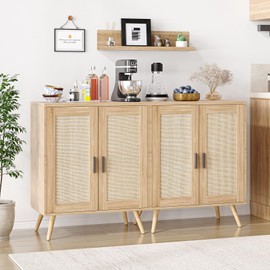 GarveeHome Buffet Cabinet with Storage, Sideboard with Rattan Decorated Doors,Accent Cabinet with Solid Wood Feet,Sideboard Cabinet for Dining Room, Cupboard Console Table, Liquor/Accent Cabinet 1pc