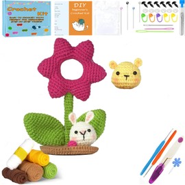 XIANFANG Beginner Crochet Kit for Adults with Easy Yarn, Instructions and Video Tutorials DIY Knitting Kit Easy Starter Gifts Flower Phone Holders Crochet