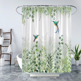 Sage Green Leaves Shower Curtain Spring Watercolor Eucalyptus Leaf Hummingbird Plant Bird Nature Botanical Aesthetic Art Bath Curtain with Hooks