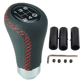 Universal 5-Speed Gear Lever Gear Knob with Red Stitching Including 3 Adapters 8 mm 10 mm 12 mm No Thread
