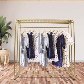 HinLIaDa Modern Metal Clothes Rack, Heavy Duty Gold Clothing Rack for Boutique Use, Metal Garment Rack with Top Shelf, Portable Drying Racks, Display Racks, Dual-bar Clothes Rack for Retail Display