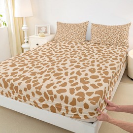 Brown Leopard Print Fitted Sheet Twin Size,Kids Girls Woman Novelty Room Decor,Abstract Wild Animal Cheetah Skin Bed Cover,Cream-Coloured Retro Bedding Set,Rustic Bed Sheet,1 Pillowcase