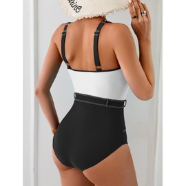 B2prity - Traje de baño de una pieza con bloques de color para mujer, control de abdomen, adelgazante, cuello redondo, cintura alta, traje de baño, Blanco Negro, XX-Large