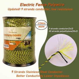 RANCH CHOICE Electric Fence Polywire 1/2Mile (2640Ft/800M), 9 Strands Stainless Steel Conductors, More Reliable Conductivity, Rust and UV Resistant, 3mm(1/8inch) Portable Electric Fencing Wire