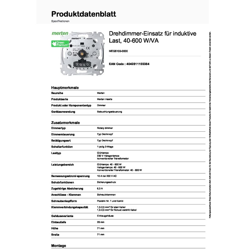 Merten MEG5133 Rotary Dimmer Insert for Inductive Load, 600 W/VA