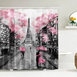 Chrainy 4Pcs Paris Eiffel Tower Pink Shower Curtain Sets Bathroom Set Decor with Non-Slip Rugs Bath U-Shaped Mat Toilet Lid Cover Waterproof Valentine Bathroom Curtains Shower Set with 12 Hooks