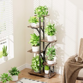 MJOMKN Plant Stand with Grow Lights Indoor, 6 Tiered Plant Shelf, 45" Corner Display Storage Shelf, Curved Design Flower Stand for Living Room, Bedroom, Patio Decor, Black