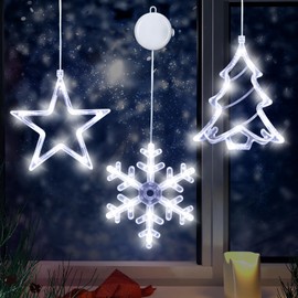 Christmas Decorations 3Pcs White Snowflake&Xmas Tree&Star Christmas Window Lights with Suction Cup Battery Operated Christmas Lights,Hanging Lighted Christmas Window Decoration for Indoor Outdoor Home