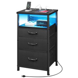 YeTom Nightstand with Charging Station, LED Night Stand with Drawers (Fabric), Bedside Table with Open Shelf, End Table with Steel Frame, 3 Drawer Dresser for Bedroom, Small Space, Black Nightstand