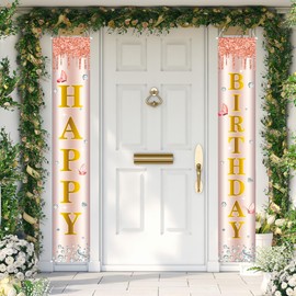 plainshe Happy Birthday Door Banner, Rose Gold Fabric Birthday Party Decor for Kids/Teenagers/Adults Indoor Outdoor Use Porch Sign