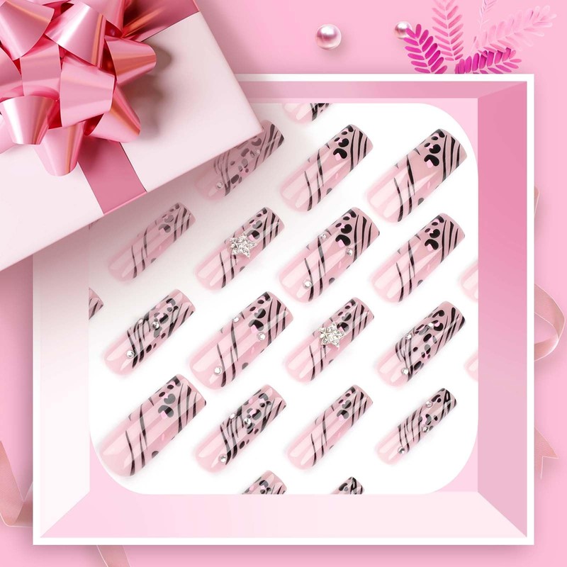 QQPPOLIU Long Press on Square Nails,Pink Fake Nails with Striped