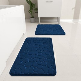 YIHOUSE Bathroom Rugs Sets 2 Piece, Cobblestone Memory Foam Bathroom Mats Set Extra Thick, Non Slip Bath Mats for Bathroom, Water Absorbent, Washable Dark Blue Bath Rugs for Tub, Toilet and Floor