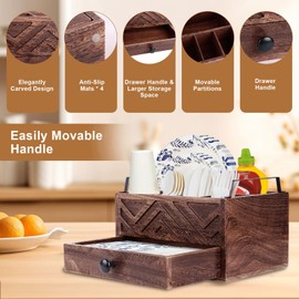 Paper Plate Dispenser with Drawer, country style Wood Kitchen Counter, Picnic, Party, Camping - Holder Organizer for Cups, Spoons, Forks, Plates, Napkins & Silverware (Brown)