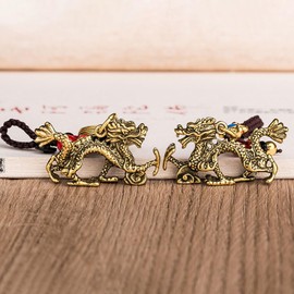 Mansiyuyee Brass 12 Chinese Zodiac Sign Statue Keychain with 5 Feng Shui Coins, Zodiac Animals Figures Charm Key Ring, Brass