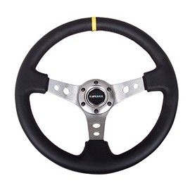 NRG Innovations NRG-RST-006GM-Y Reinforced Steering Wheel 350mm Sport Steering Wheel (3" Deep) Gun Metal Spoke With Round Holes/Black Leather/Yellow Center Mark Stripe Deep Dish 6-Bolt