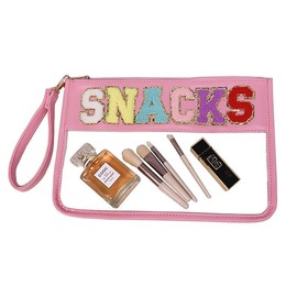 Snack Bag for Travel - Clear Chenille Varsity Letter Flat Pouch with Zipper, Waterproof Clear PVC&PU Preppy Patch Makeup Cosmetic tote Bags for Women Girls - Color: Pink