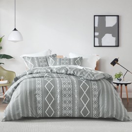 EWlinens Boho Duvet Cover Queen Size - Gray Geometric Bedding Duvet Cover Set 3 Pieces Bohemian Striped Pattern Printed Cotton Comforter Cover with Zipper Closure & Corner Ties, 90"x90"