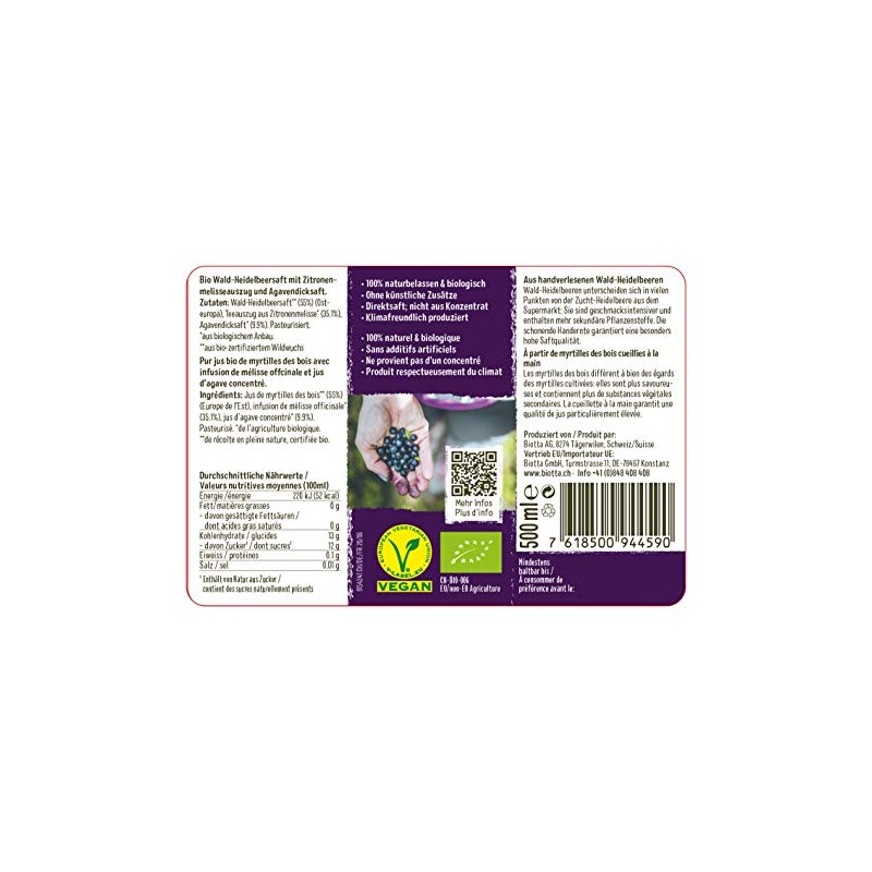 Biotta Blueberry Direkts.m.teaausz.+agave thicks. 500 ml