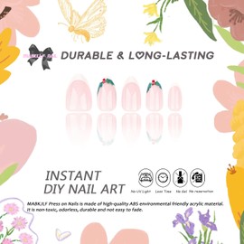 Christmas Press on Nails Short Almond MABKJLF White French Tip Fake Nails False Nails with Designs Full Cover Glossy Glue on Nails Stick on Nails Acrylic Nails for Women Girls 24 Pcs