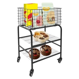 Rolling Wire Laundry Basket with Wheels, 3-Tier Metal Storage Cart Heavy Duty Utility Cart for Pantry Organizer Garment Laundry and Sort(Black)