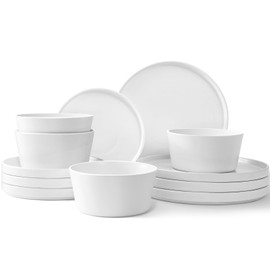 Asrug 12-Piece Plates and Bowls Sets,Ceramic Dinnerware Sets for 4, Chip Resistant and Scratch Dish Set, Dining Dinner Porcelain Dishware, Microwave and Dishwasher Safe,White Matte