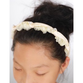 BERYUAN Women Girls Off-White Lace Pearl Crystal Hair Hoop Pearl Knotted Lace Headband Top Knot Headpiece Fashion Lace Hair Piece No Slip Pearl Crystal Hair Hoop for Girls (off-white)
