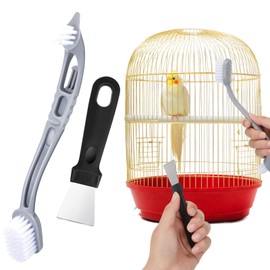 Teenyyou Bird Cage Cleaner with Two Brush Heads Stainless Steel Bird Droppings Cleaning Scraper Long Handle Tool for Cleaning Bird Parrot Cages Pet Supply Cage Accessory