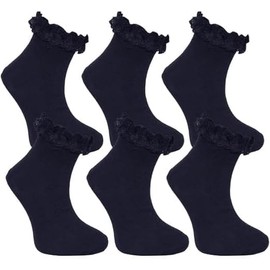 ITRAT 6 Pairs Multipack Girls Ruffled Trim Frilly Lace Socks School Ankle Socks, Girls Back to School' Trainer Sock Ankle Trim School Uniform Socks (12-3 Navy)