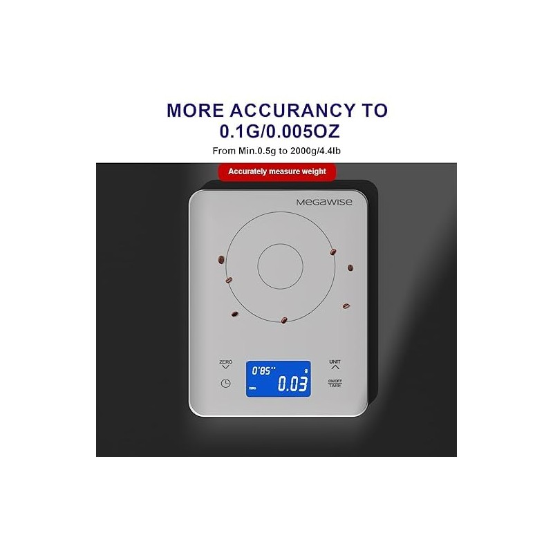 MEGAWISE Precision Coffee Scale,High Precision to 0.005oz, Waterproof Tempered Glass,