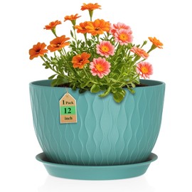 WSMKSZ 12 Inch Large Plant Pots for Indoor or Outdoor Plants, Wide Water Ripples Flower Pot with Drainage Holes & Saucer, Big Plastic Flower Pots Set for Gaden Home (Blue Green)