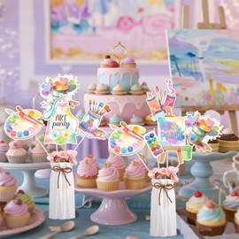 Funmemoir Pastel Art Birthday Party Decorations for Girl - 24PCS Paint Themed Centerpiece Sticks, Rainbow Macaron Crayon Painting Drawing Artist Party Table Decorations