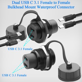 QIANRENON Dual USB C 3.1 Thread Fixed Mounting Waterproof Adapter 10Gbps 2 USB Type C Female to Female Bulkhead Mount Connection Sockets, Waterproof Cap, for Extension 2 USB C Port