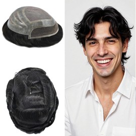 Durable Hair System for Men French Lace Front Mens Toupee Hairpieces Natural Hairline Fine Mono Hair Toupee for Men 8"x10" 120% Light to Medium Density #1 Jet Black