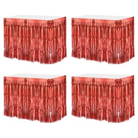 MECCANIXITY 4 Pcs 29x108 Inch Red Metallic Foil Fringe Tinsel Table Skirts for Rectangle Tables Tinsel for Wedding Birthday Party Decoration