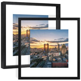 YOTINTIN 12x12 Floating Picture Frame Set of 2, Double Glass Photo Frame Wooden Frame for Wall Mount or Tabletop Displays for 8x10, 10x10 inch Pictures, Plane Edge Frames, Black