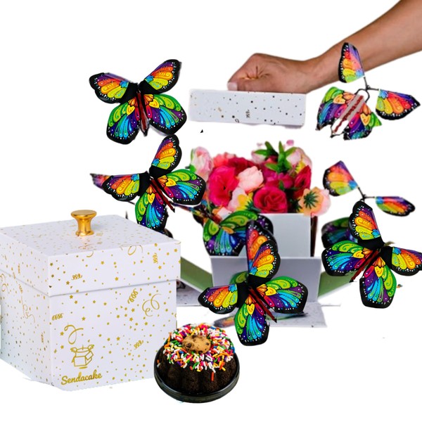 SendaCake Celebration Flying Butterfly Surprise Explosion Gift Box - Flower Shower & Delicious 3" Mini-Cake for Delivery - Gift for All Ages & Ideal for All Occasions
